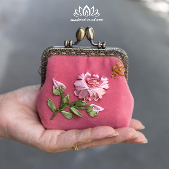 Ribbon Embroidered Coin Purse, Small Change Pouch With Flower