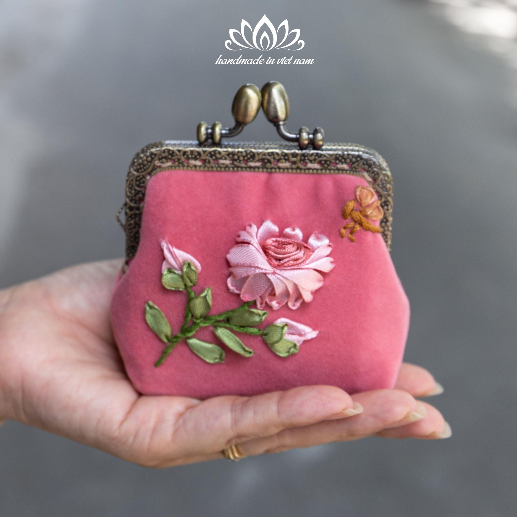 Ribbon Embroidered Coin Purse, Small Change Pouch With Flower