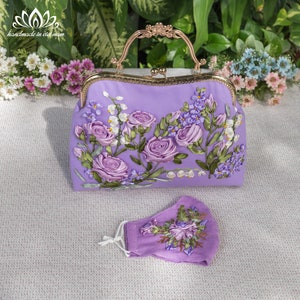 Bolso bordado / Máscara o espejo de regalo opcional / bordado de cinta