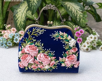 Hand Embroidered Velvet Kiss Lock Bag With Ribbon Embroidery for