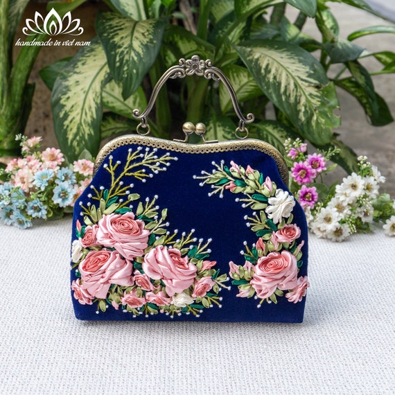 Hand Embroidered Velvet Kiss Lock Bag With Ribbon Embroidery for