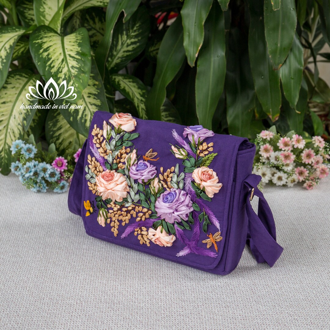 Purple Messenger Bag With Embroidered Ribbon, the Bag for Purple Lovers