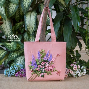 Embroidered shoulder Bag with Zipper, Ribbon embroidery art