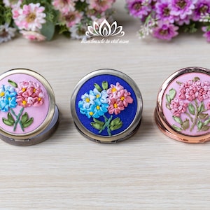 Embroidered pocket mirror | Embroidered silk ribbon | Makeup Pocket Mirror | Compact Mirrors | Bridesmaids gift