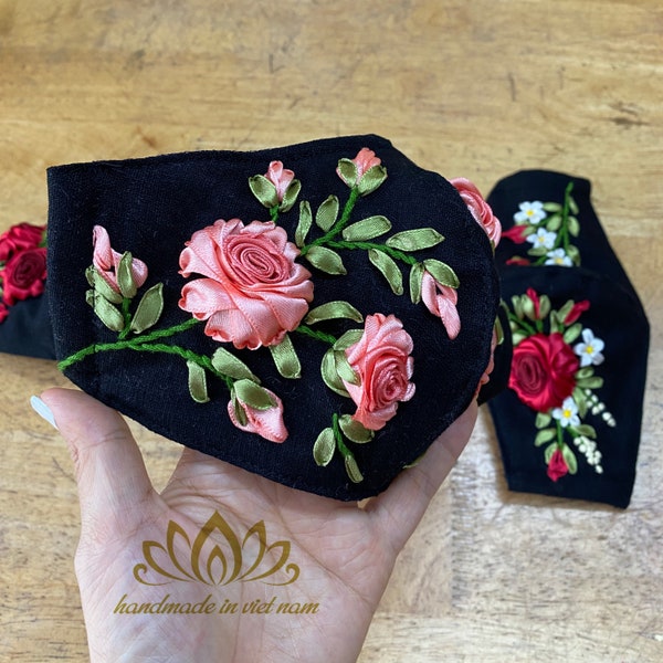 Rose embroidery mask, wedding gift, with nose wire, reusable, washable