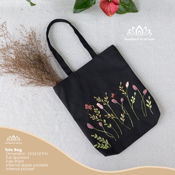 Embroidered tote bag, Tote bag with zipper