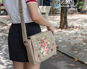 Embroidered messenger bag, Beautiful Rose embroidery