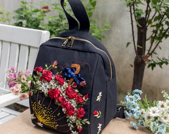 Bestickter Rucksack | Rucksack mit Bandstickerei | Stickerei Rose | Handgefertigter Nährucksack | Einzigartiges Geschenk