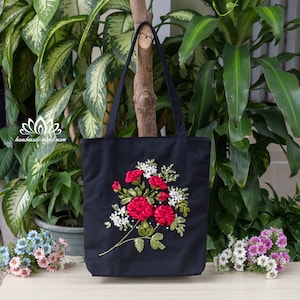 Embroidered tote bag with Zipper, Unique ribbon embroidery, Handmade sewing bag