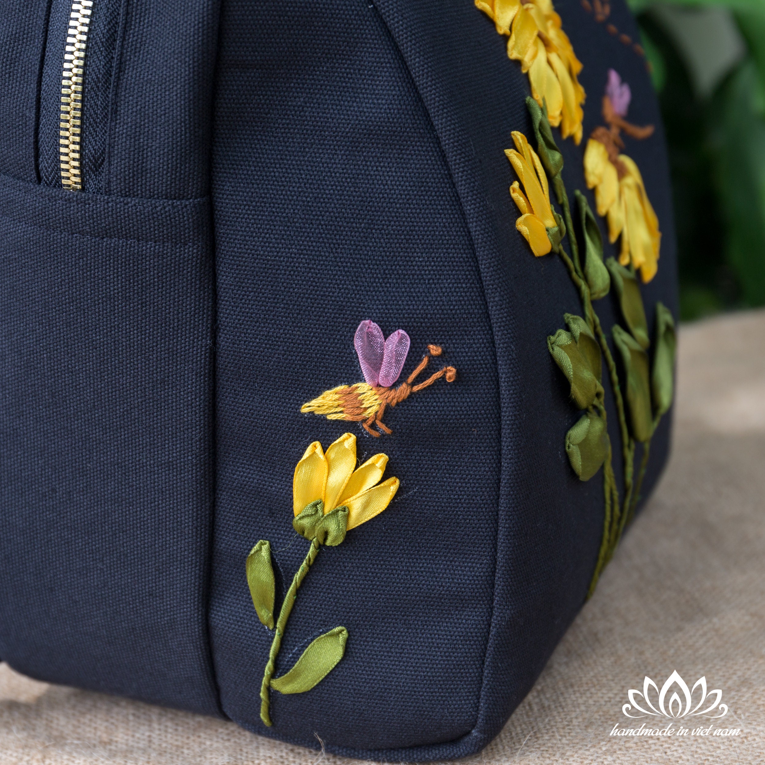 Handmade Embroidered Backpack: Sunflower Design Beautiful Sunflower Embroidery Backpack, Unique Ribbon  main image 4
