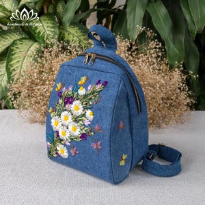 Floral ribbon embroidered denim backpack, backpack for school, travel