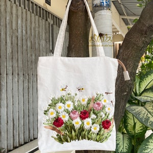 Embroidered tote bag with Zipper, Unique ribbon embroidery, Handmade sewing bag