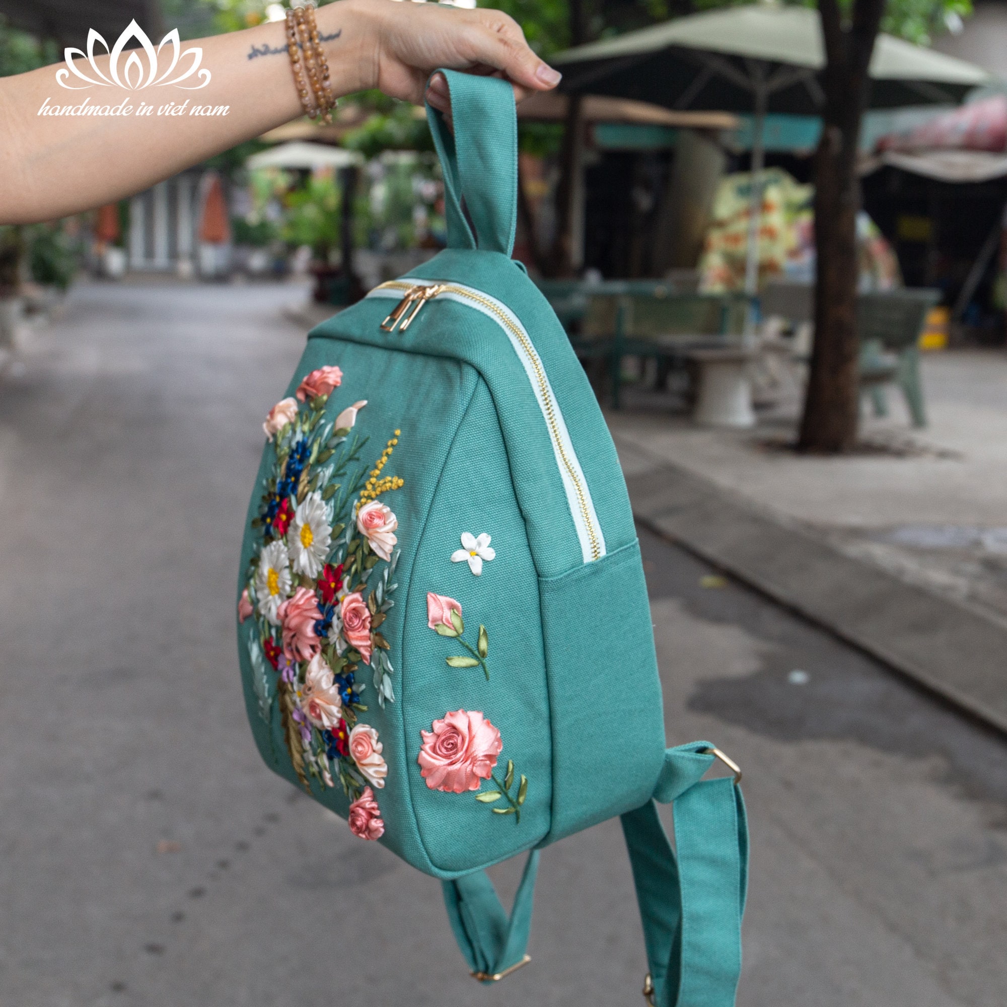 Beautiful Ribbon Embroidered Backpack, Rugged Handmade