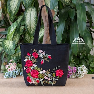 Embroidered shoulder Bag with Zipper, Ribbon embroidery art