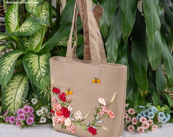 Embroidered Tote Bag With Zipper, Unique Ribbon Embroidery