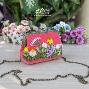 Silk Ribbon Embroidered Pink Velvet Evening Bag Flowers