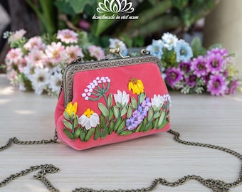 Ribbon Embroidered  Coin Purse, Small Change Pouch With Flower Embroidery, Handmade Vintage Women's Coin Purse, Gift For Her