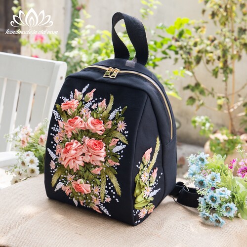 Beautiful Rose Embroidered Backpack, Ribbon Embroidery Art  display picture 1