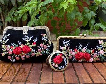 embroidery bag and wallet set, Hand Embroidery bag and wallet, great Quality, silk ribbon embroidery