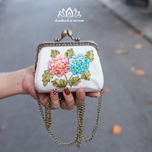 Embroidery coin purse, Small coin purse with hand ribbon embroidery, Hand embroidery linen purse
