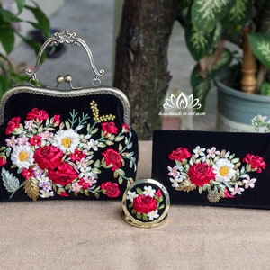 Set of handbags, wallets, pocket mirrors embroidered with flowers, Novelty Ribbon Embroidery