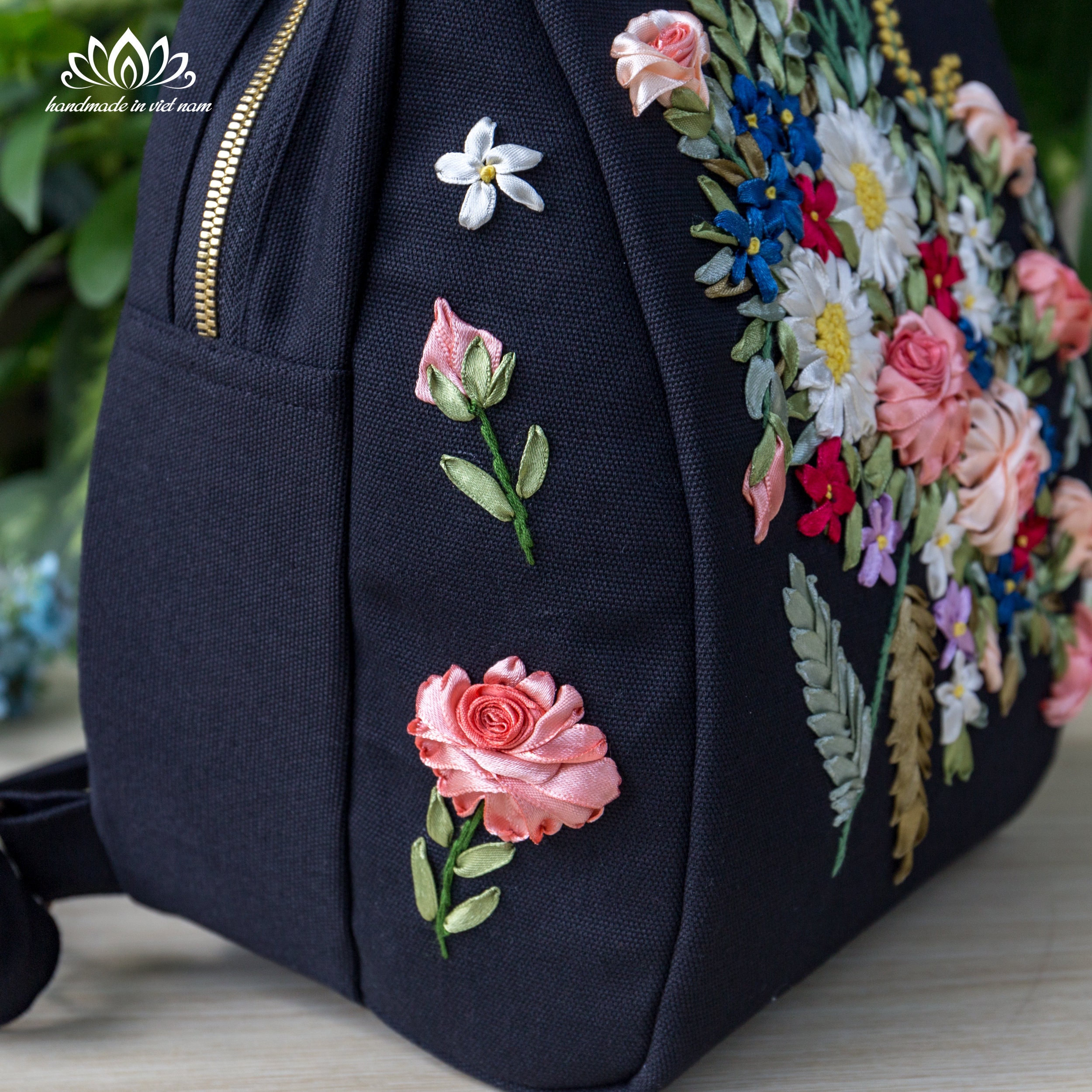 Beautiful Ribbon Embroidered Backpack, Rugged Handmade