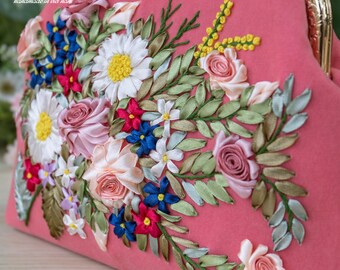 ショルダーストラップ付きハンドバッグ、ユニークなリボンフラワー刺繍
