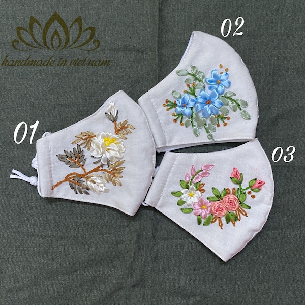 Embroidered Linen mask | Ribbon embroidery mask | Nose Wire | Reusable | Washable | Unique gift