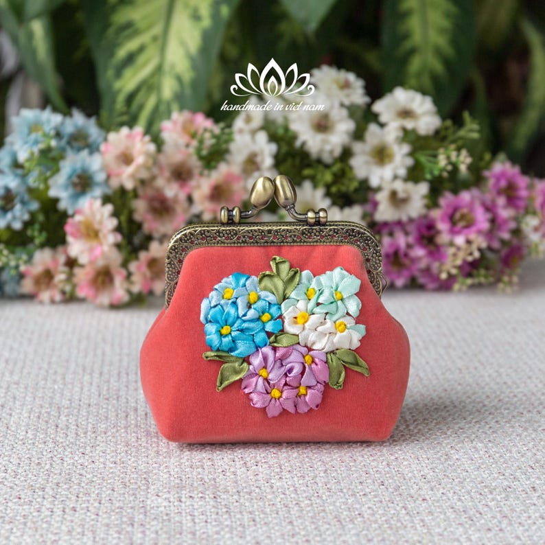 Ribbon Embroidered Coin Purse, Small Change Pouch With Flower Ribbon ...
