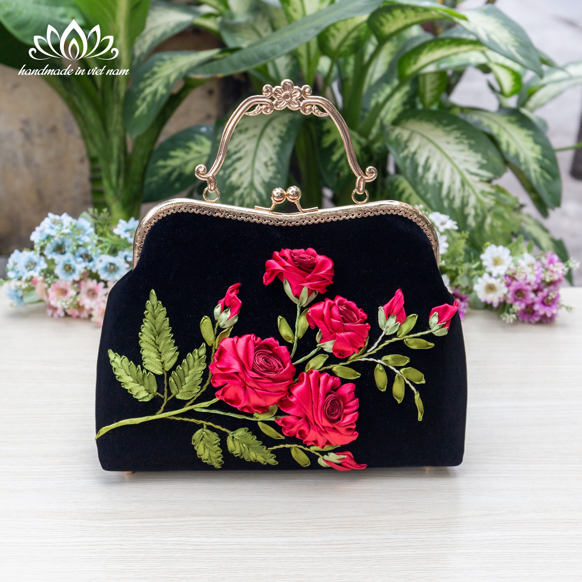 Black Velvet Kiss Lock Bag, Hand Embroidered Rose Purse With Chain