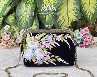 Clutch bag with Shoulder Strap, Ribbon embroidery bag