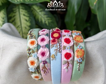 Floral Embroidered Headbands, Handmade Hairband with Flowers Embroidery