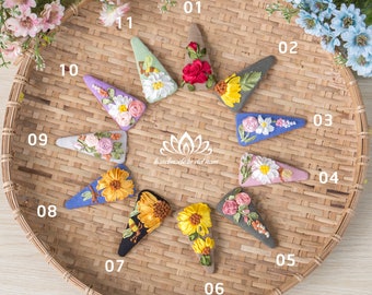Triangle Ribbon Embroidered Hair Clip, Hand Stitched Floral Barrette