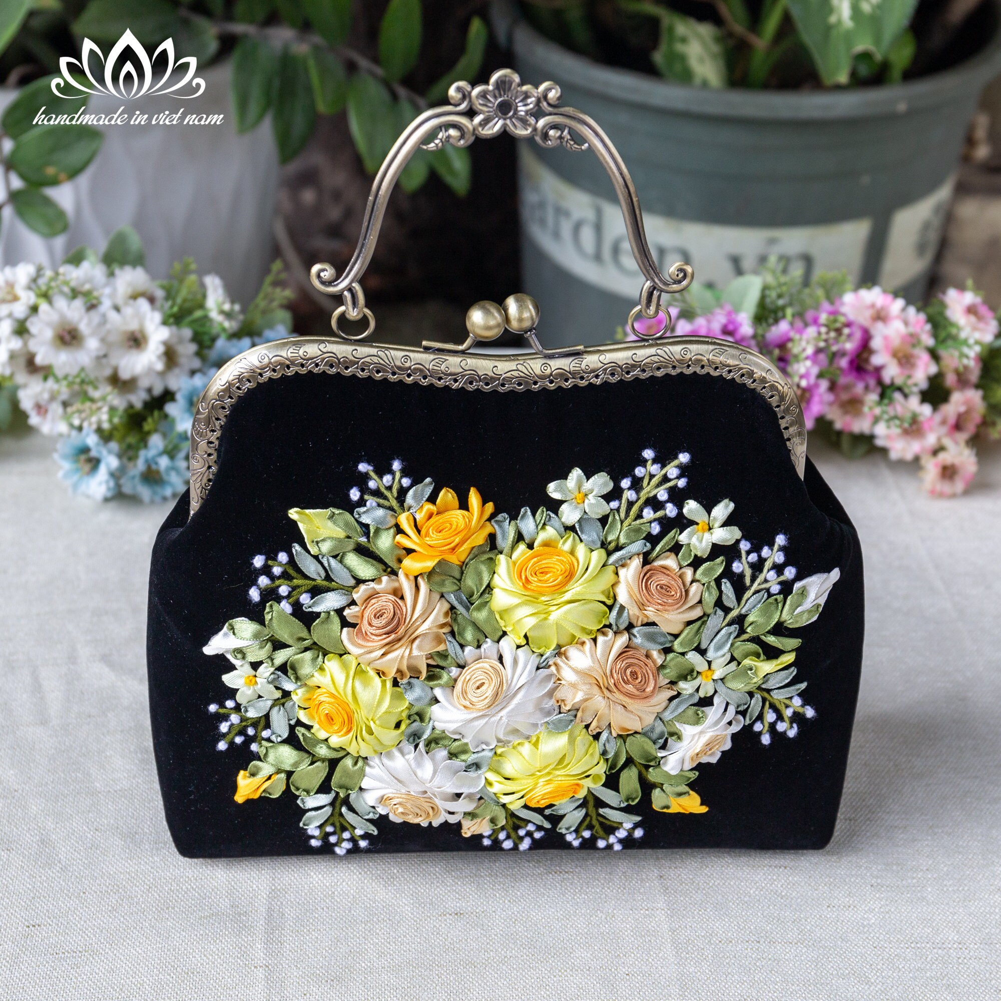 Velvet Kiss Lock Bag With Hand Embroidered Ribbon Roses - Etsy