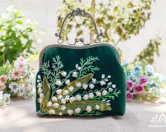 Embroidered handbag and wallet set, handbags with straps, lily of the valley embroidery