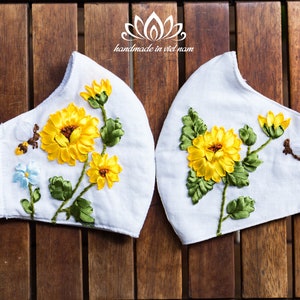 Embroidered Linen mask | Ribbon embroidery mask | Nose Wire | Reusable | Washable | Unique gift