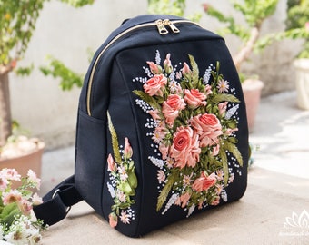 Embroidered backpack | Ribbon embroidery backpack | Embroidery rose | Handmade sewing backpack | Unique gift