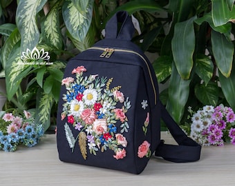 Beautiful Ribbon Embroidered Backpack, Rugged Handmade