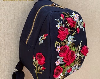 Backpack embroidered with roses | Ribbon embroidery art