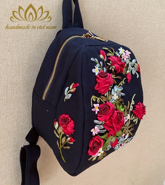 Mochila bordada de bordado cinta Rosa bordada -