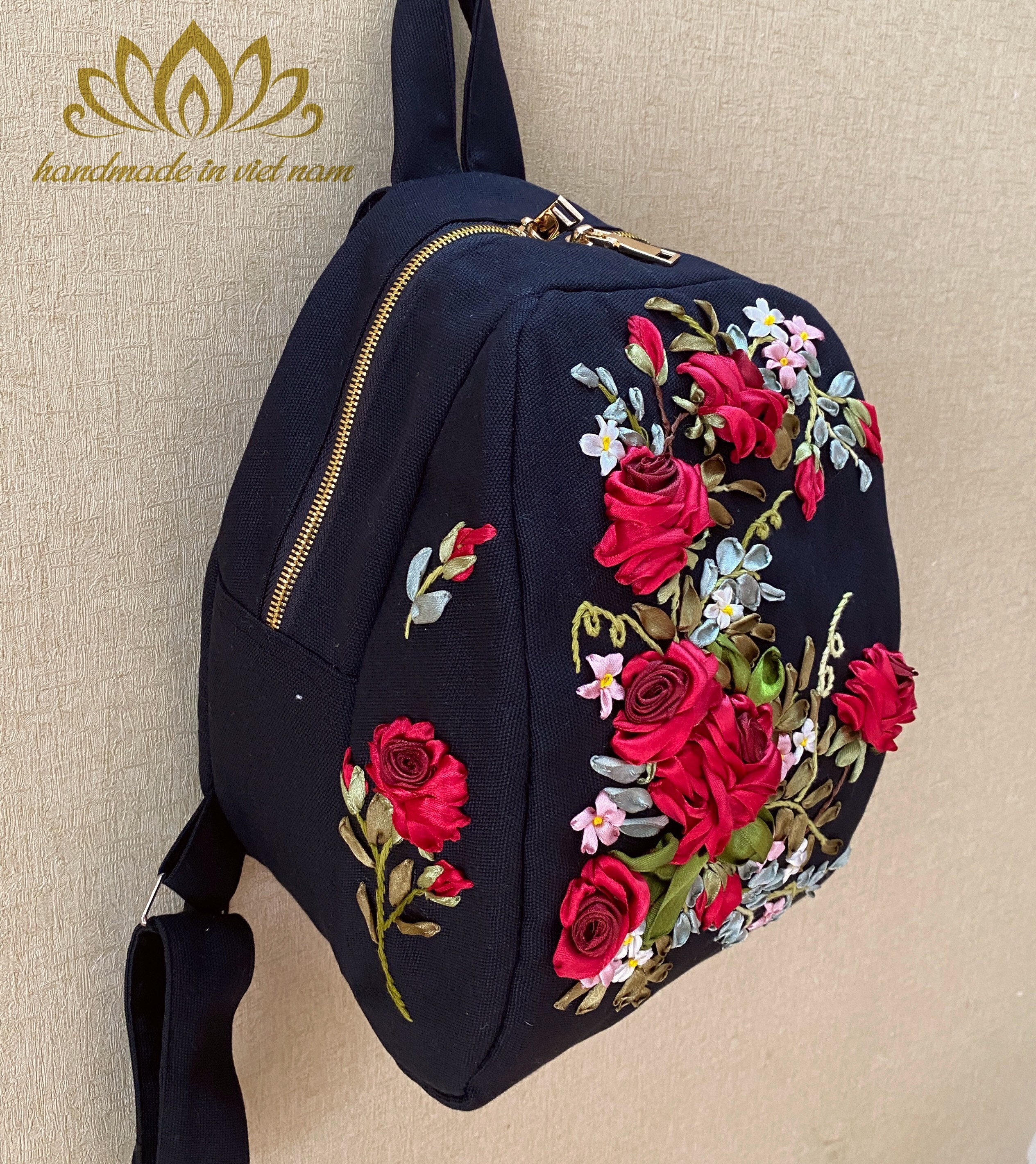 Beautiful Rose Embroidered Backpack, Ribbon Embroidery Art  display picture 2
