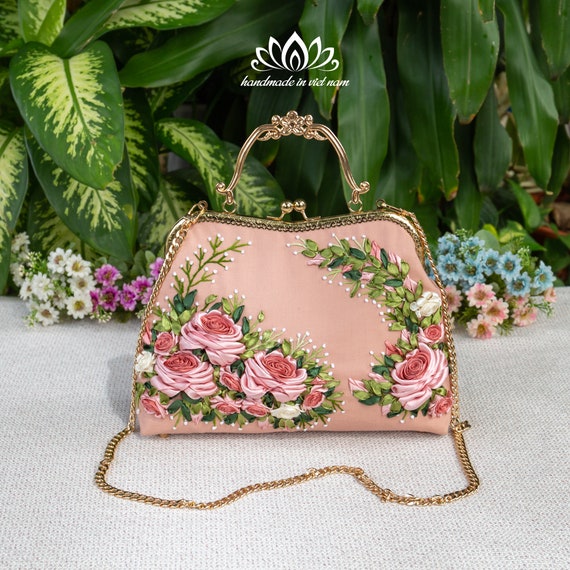 Canvas Kiss Lock Bag With Hand Embroidered Ribbon Flowers - Etsy