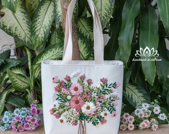 Structured Canvas Tote with Ribbon Bouquet Embroidery, Hand Embroidered Floral Carryall