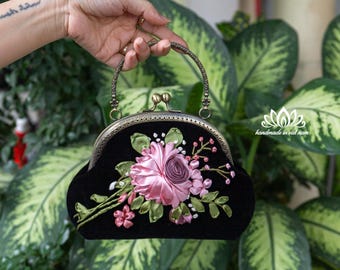 Ribbon Embroidered Clutch Set, Floral Kiss Lock Purse with Mask & Mirror, Gift for Her