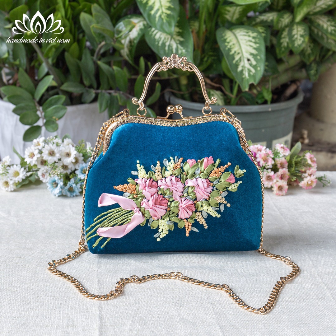 Kiss Lock Handbag | Luxurious Blue Velvet Bag | Unique Ribbon