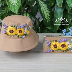 Conjunto de sombreros de pescador y carteras hechas a mano, Hermoso bordado de cinta de girasol