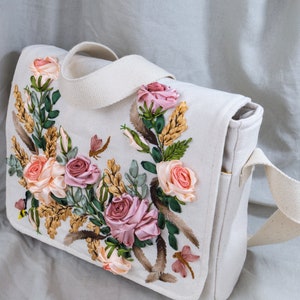 Ribbon Embroidered Rose Crossbody Bag Canvas Floral Flap Purse Gift for Her