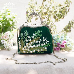 Velvet Kiss Lock Handbag with Hand Embroidered Lily of the Valley