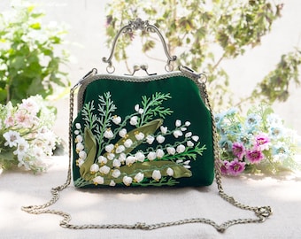 Velvet Kiss Lock Handbag with Hand Embroidered Lily of the Valley