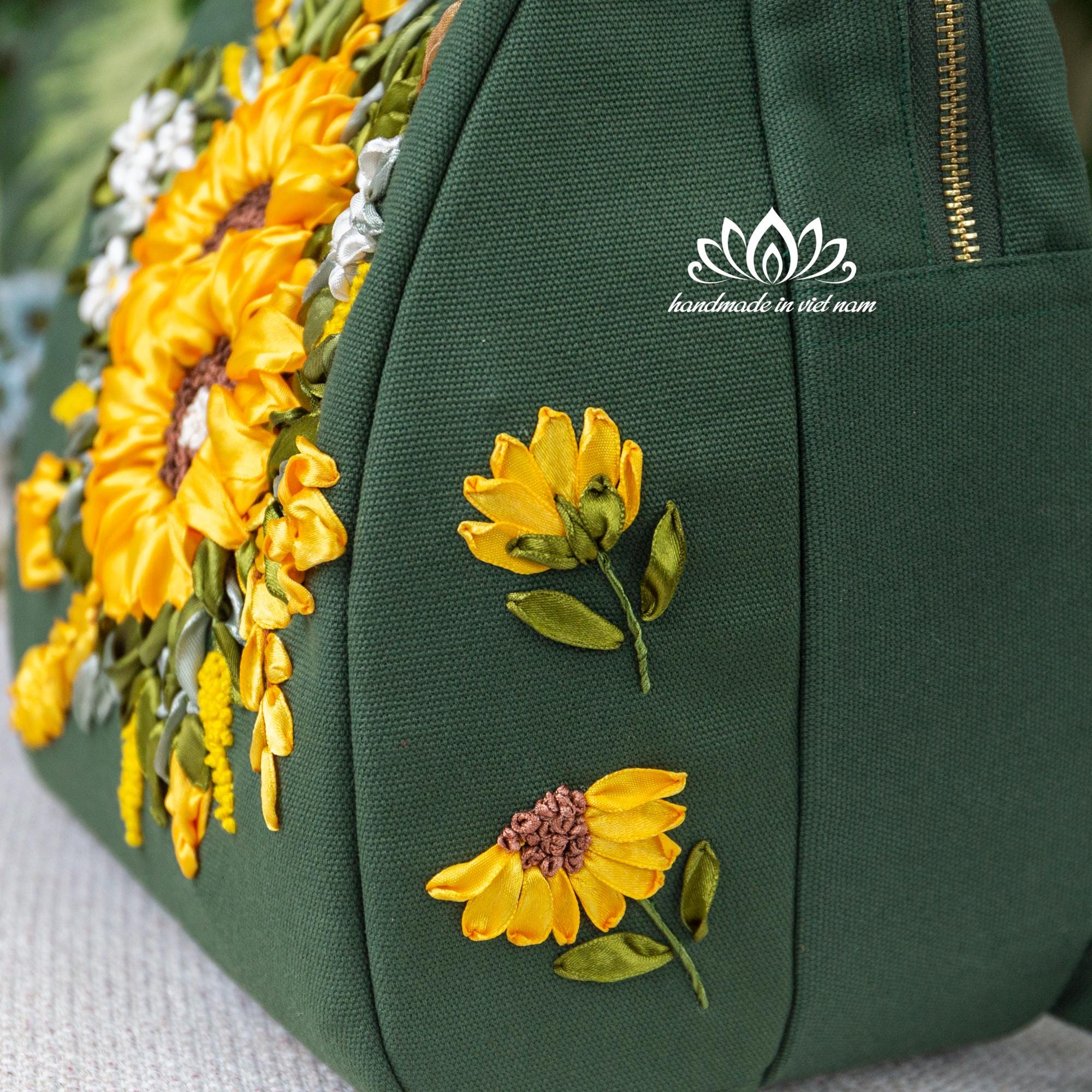 Handmade Embroidered Backpack: Sunflower Design Beautiful Sunflower Embroidery Backpack, Unique Ribbon  main image 2